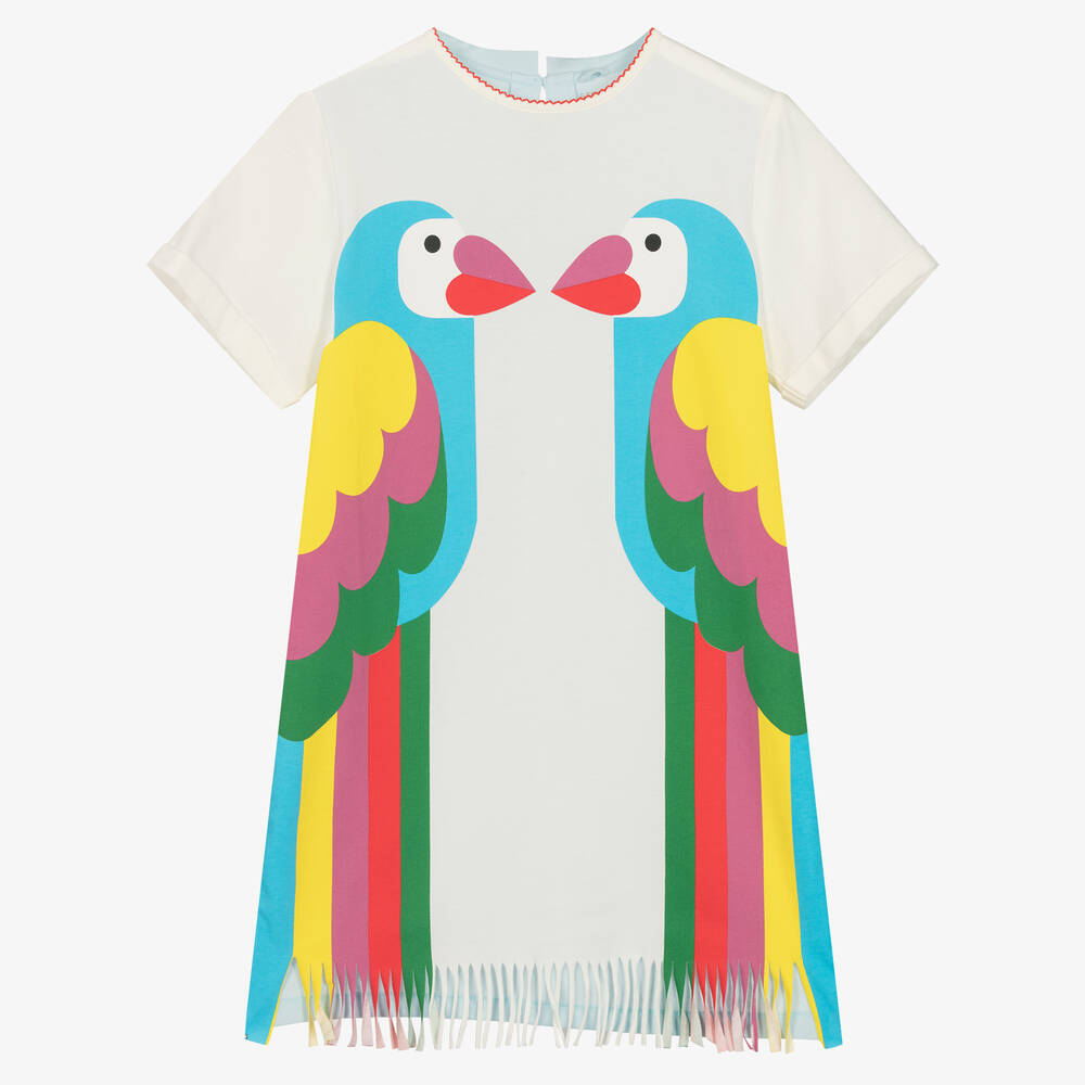 Stella McCartney Kids - Кремовое хлопковое платье с попугаями и бахромой | Childrensalon