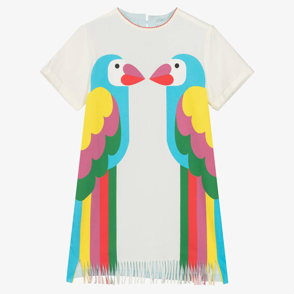 Stella McCartney Kids-Teen Girls Ivory Cotton Parrot Fringed Dress | Childrensalon Outlet