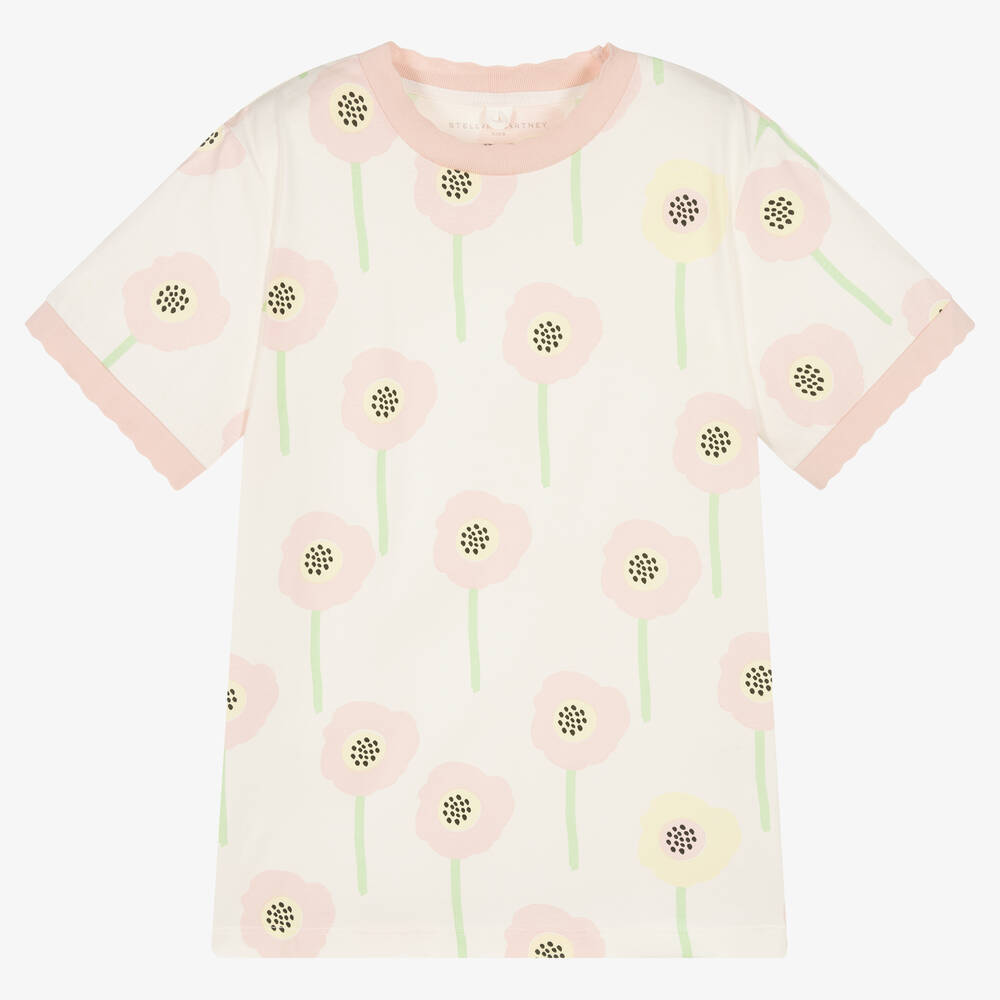 Stella McCartney Kids-تيشيرت تينز بناتي قطن عضوي لون عاجي وزهري | Childrensalon Outlet