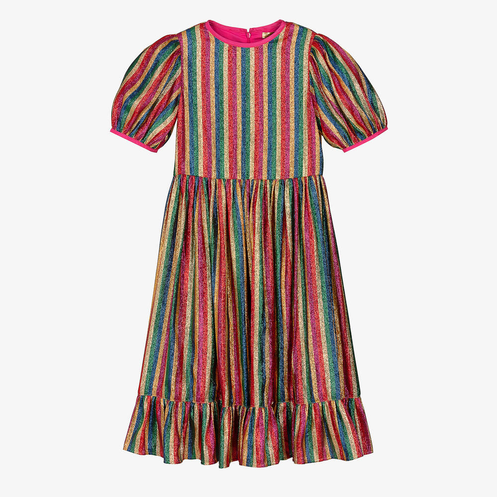 Stella McCartney Kids - فستان فيسكوز وحرير مقلم بألوان قوس قزح متاليك | Childrensalon