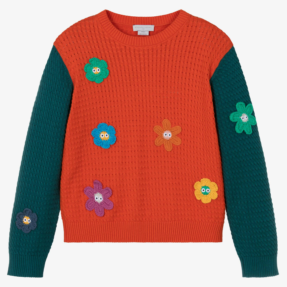 Stella McCartney Kids - Oranger Strickpullover mit Blumen | Childrensalon