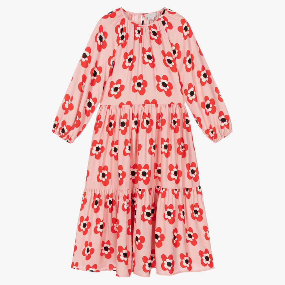 Stella McCartney Kids-فستان تينز بناتي فيسكوز لون زهري فاقع بطبعة ورود | Childrensalon Outlet