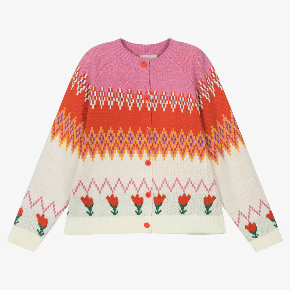 Stella McCartney Kids-كارديغان قطن وصوف محبوك لون زهري وعاجي | Childrensalon Outlet
