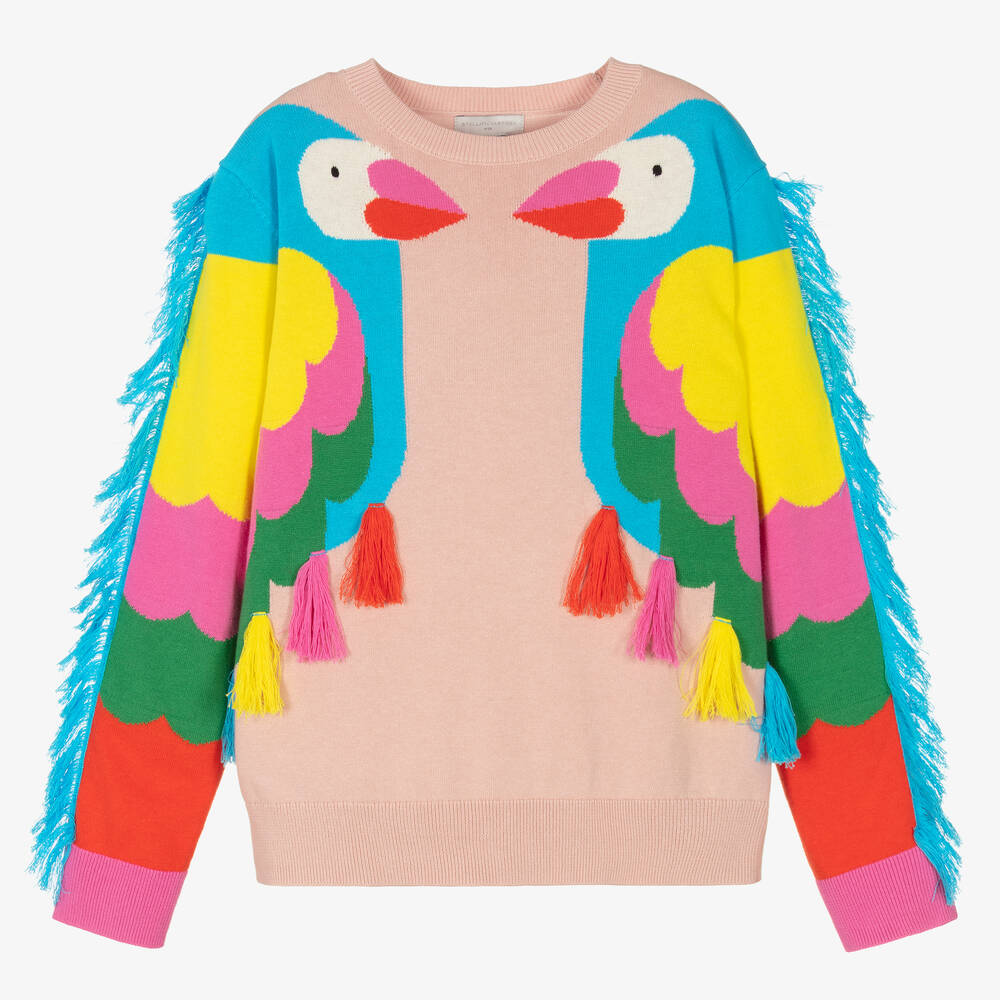 Stella McCartney Kids - Розовый свитер с бахромой и попугаями | Childrensalon