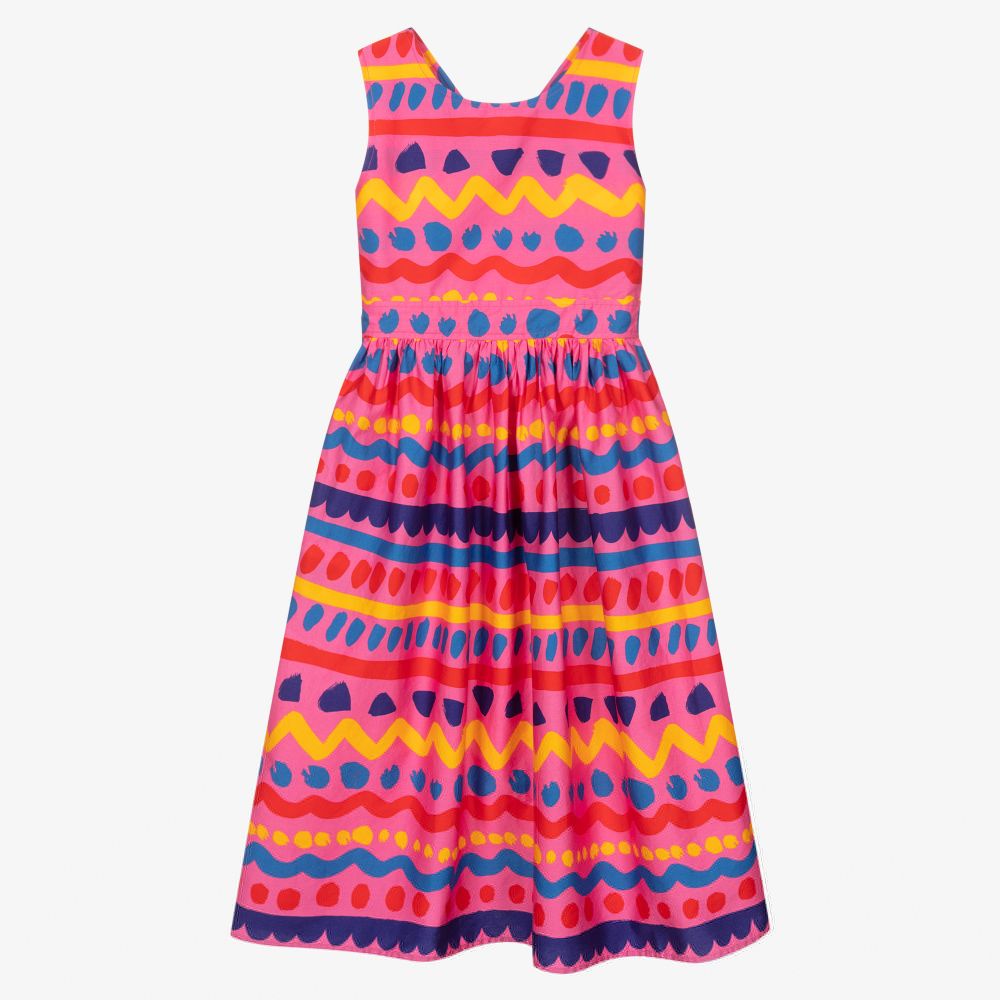 Stella McCartney Kids-فستان تينز قطن عضوي مقلم لون زهري وأصفر | Childrensalon Outlet