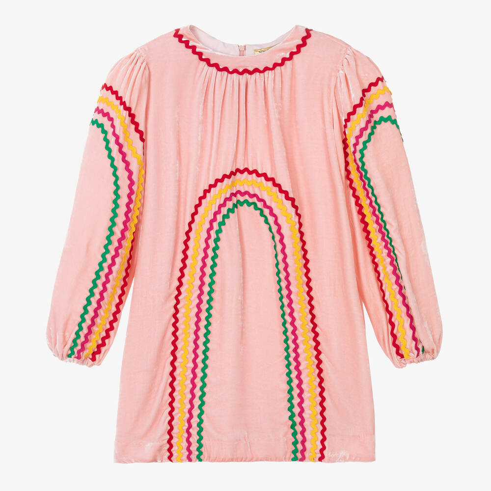 Stella McCartney Kids - Розовое бархатное платье с радужной тесьмой | Childrensalon