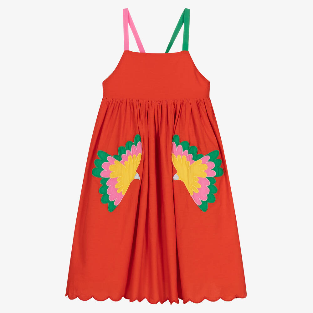 Stella McCartney Kids - Rotes Baumwollkleid mit Vogelmotiv | Childrensalon