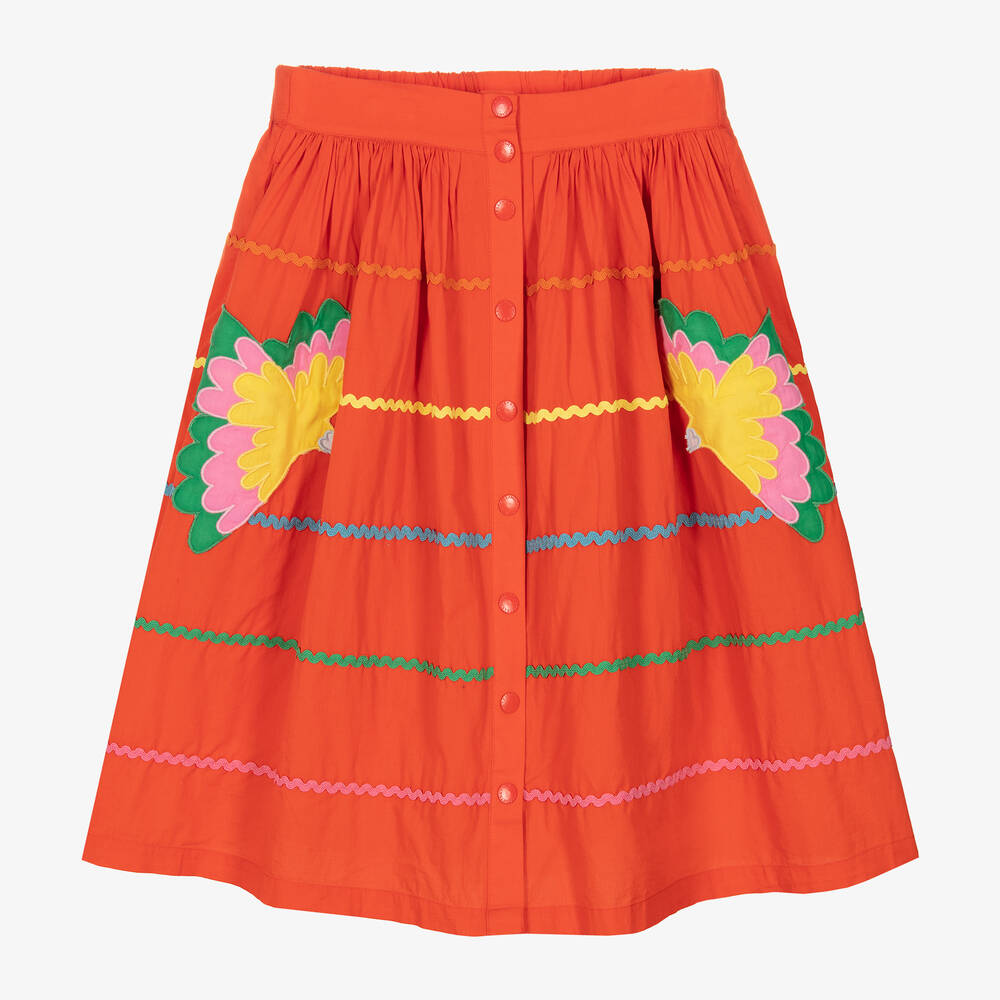 Stella McCartney Kids Jupe rouge en coton bio perroquets