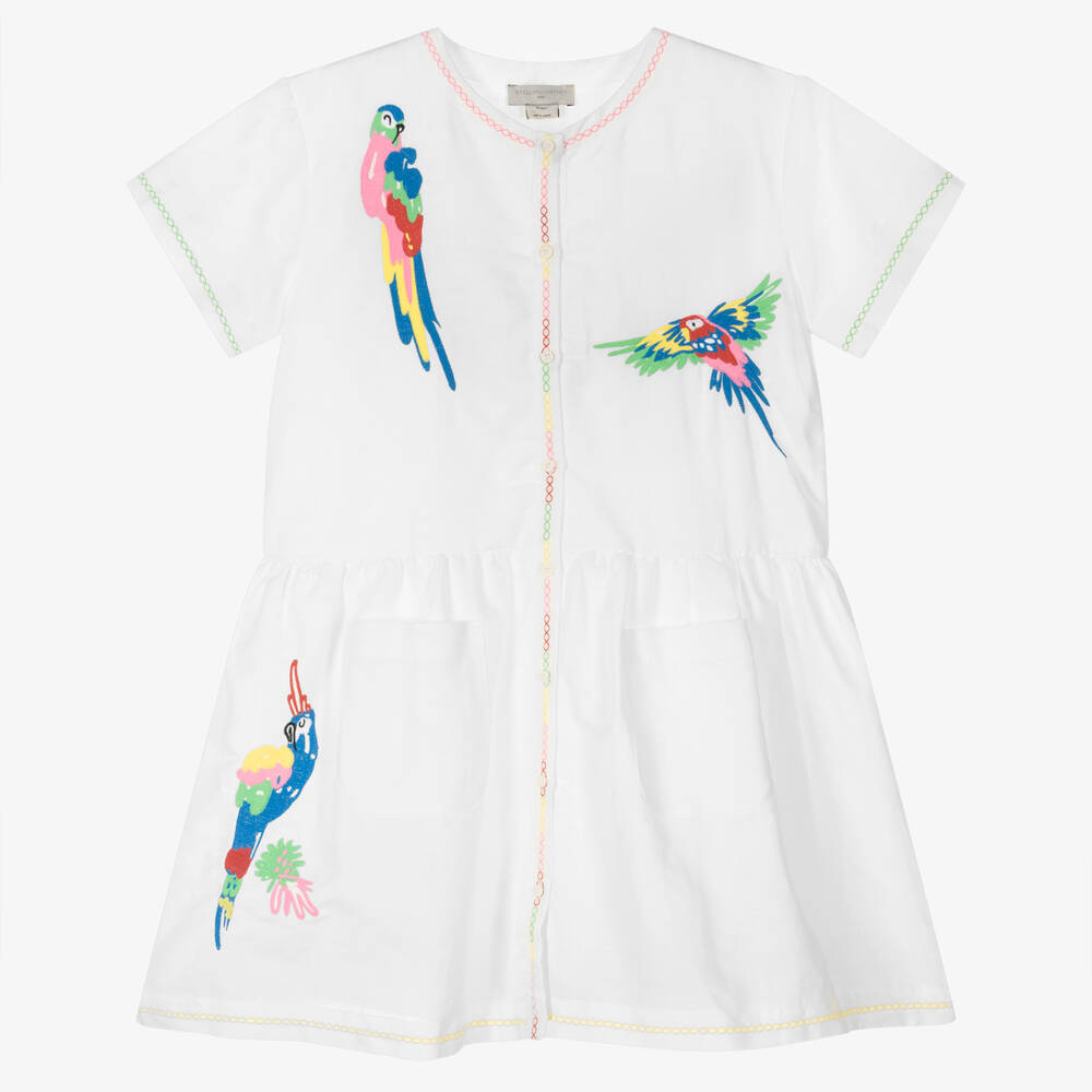 Stella McCartney Kids - Robe blanche coton lin perroquets | Childrensalon