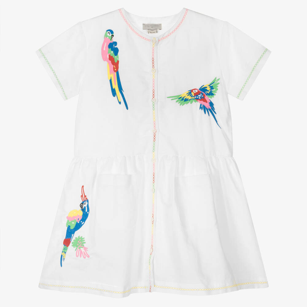 Stella McCartney Kids - Baumwoll-Leinen-Papageienkleid weiß | Childrensalon