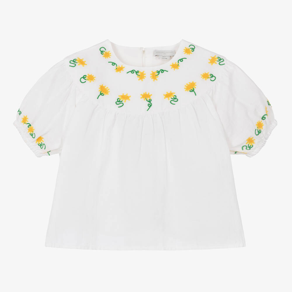 Stella McCartney Kids-بلوزة قطن وكتان مطرز لون أبيض للمراهقات | Childrensalon Outlet