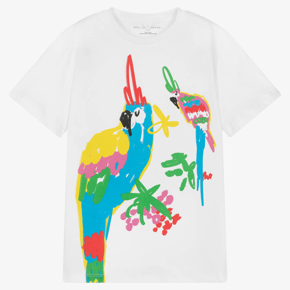 Stella McCartney Kids - Белая футболка из органического хлопка с попугаями | Childrensalon