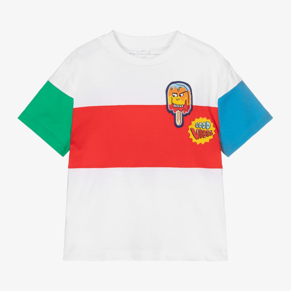 Stella McCartney Kids - تيشيرت قطن عضوي لون أبيض بطبعة ملونة للأولاد | Childrensalon
