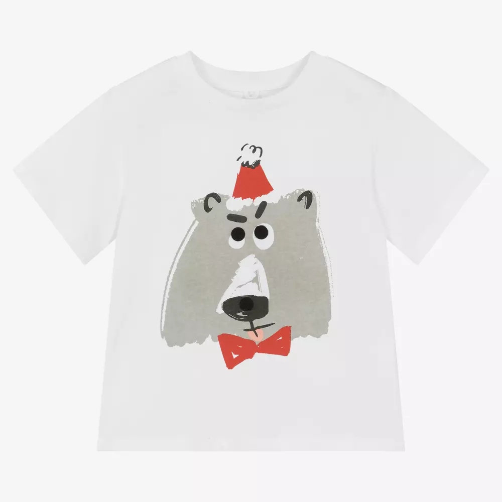 Stella McCartney Kids-Белая хлопковая футболка с медведем | Childrensalon Outlet