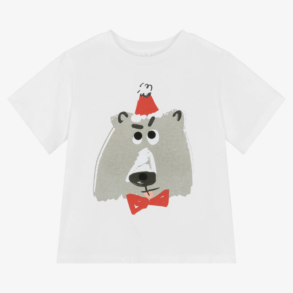 Stella McCartney Kids - White Cotton Festive Bear T-Shirt | Childrensalon