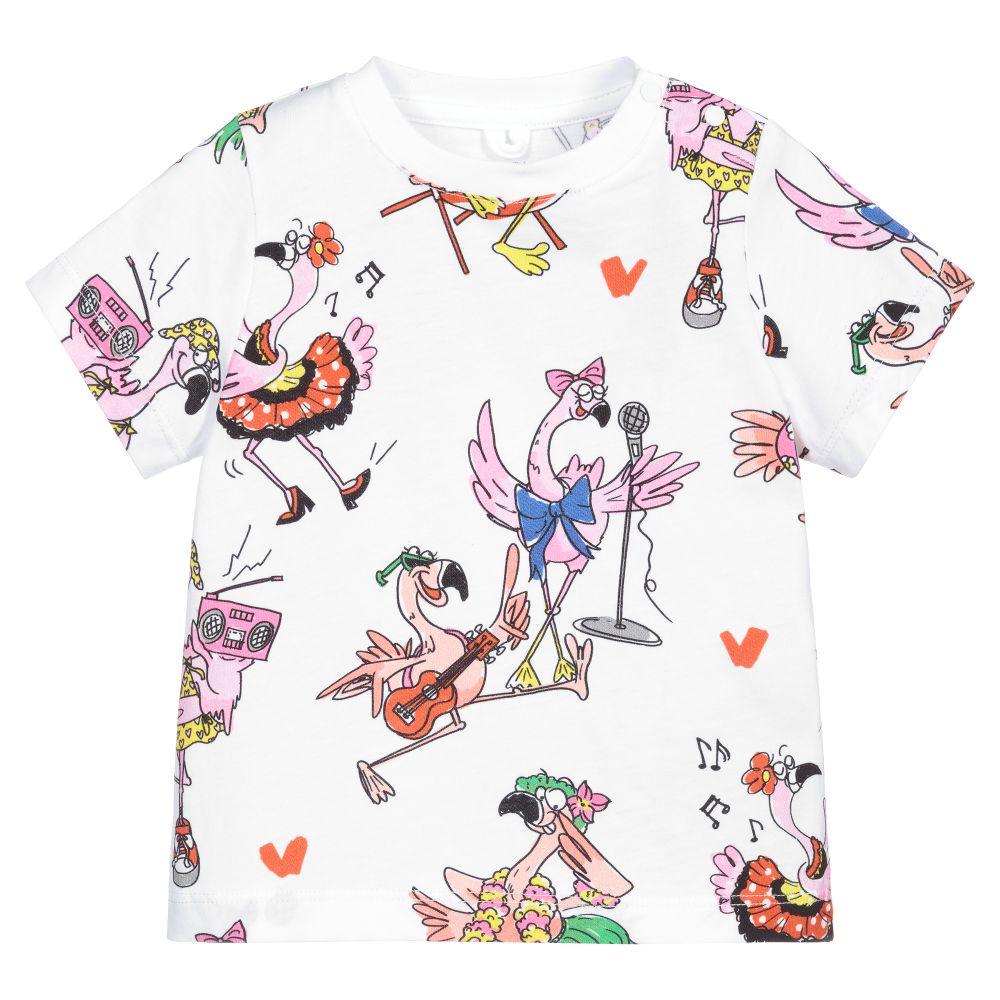 Stella McCartney Kids - Weißes Baumwoll-T-Shirt mit Flamingos | Childrensalon
