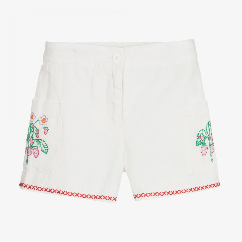 Stella McCartney Kids - Weiße Leinenshorts mit Erdbeeren | Childrensalon