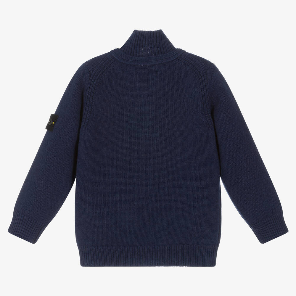 Stone Island Junior Blue Wool Knit Logo Cardigan Childrensalon