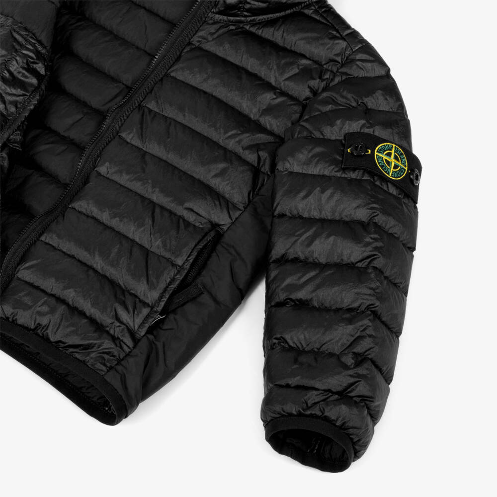 Stone Island Junior-Boys Black Down Padded Hooded Jacket with Logo Badge | Childrensalon Outlet