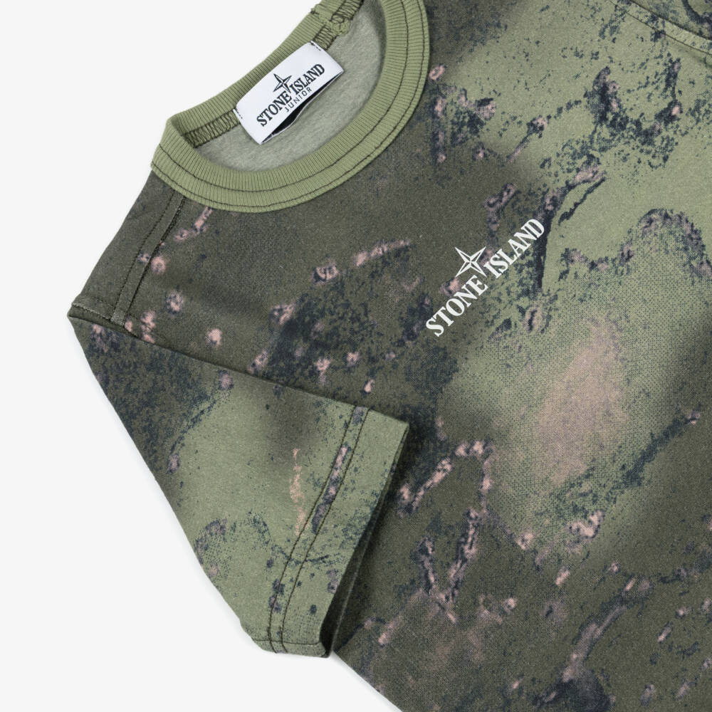 Stone Island Junior-Boys Dark Khaki Green Camouflage Print T-Shirt | Childrensalon Outlet