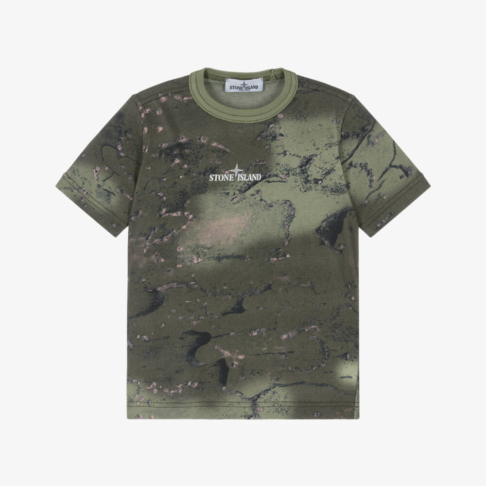 Stone Island Junior-Boys Dark Khaki Green Camouflage Print T-Shirt | Childrensalon Outlet