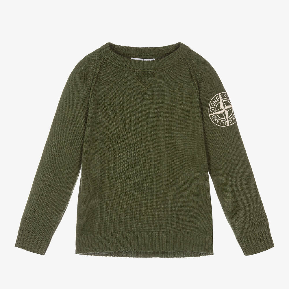 Stone Island Junior - Boys Green Wool Logo Jumper | Childrensalon