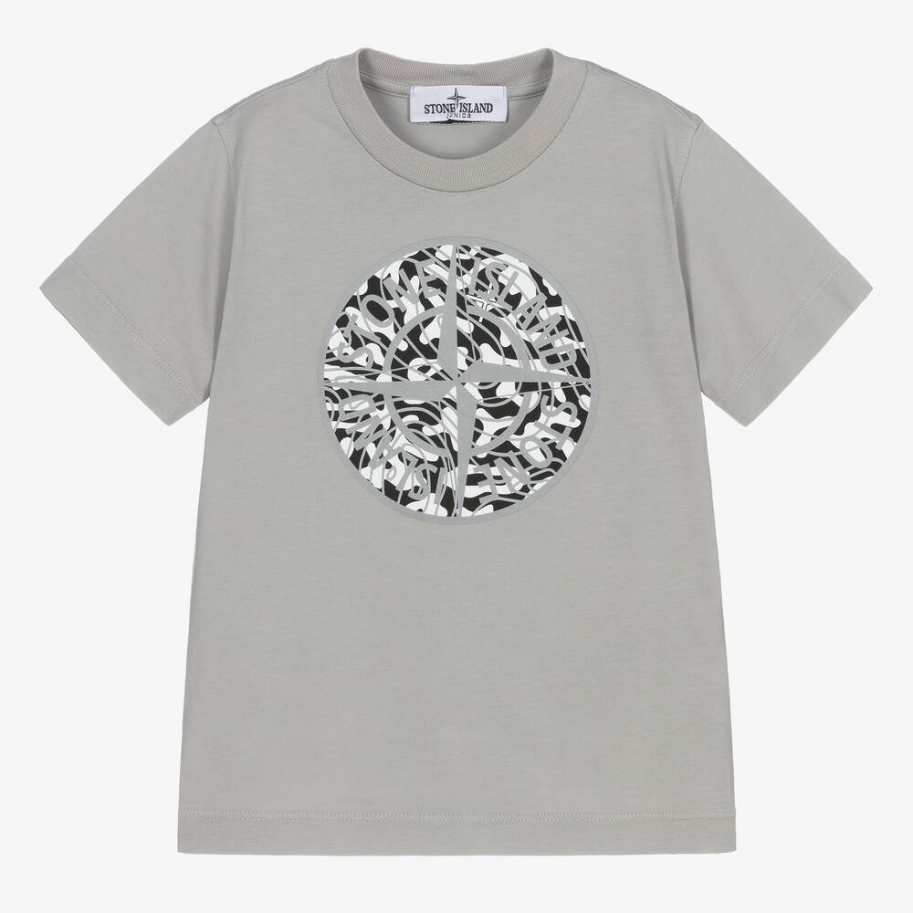 Stone Island Junior - Boys Grey Cotton  Logo T-Shirt | Childrensalon