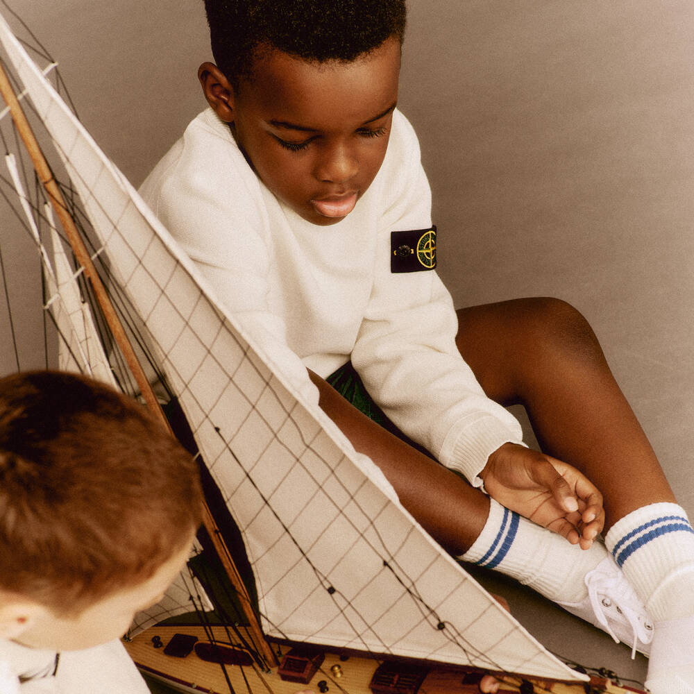 Stone Island Junior-Boys Ivory Cotton Sweatshirt with Signature Logo Badge | Childrensalon Outlet