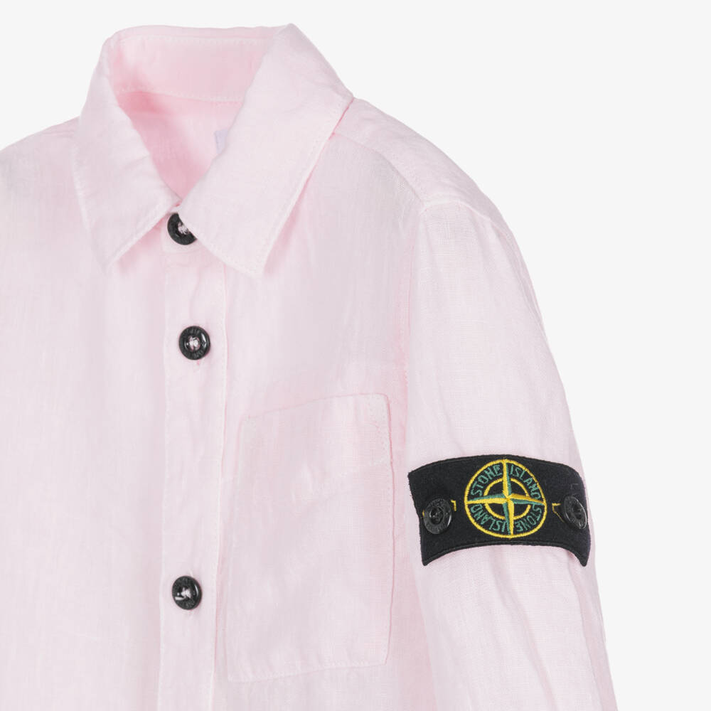 Stone Island Junior-Boys Pale Pink Linen Shirt with Logo Badge | Childrensalon Outlet