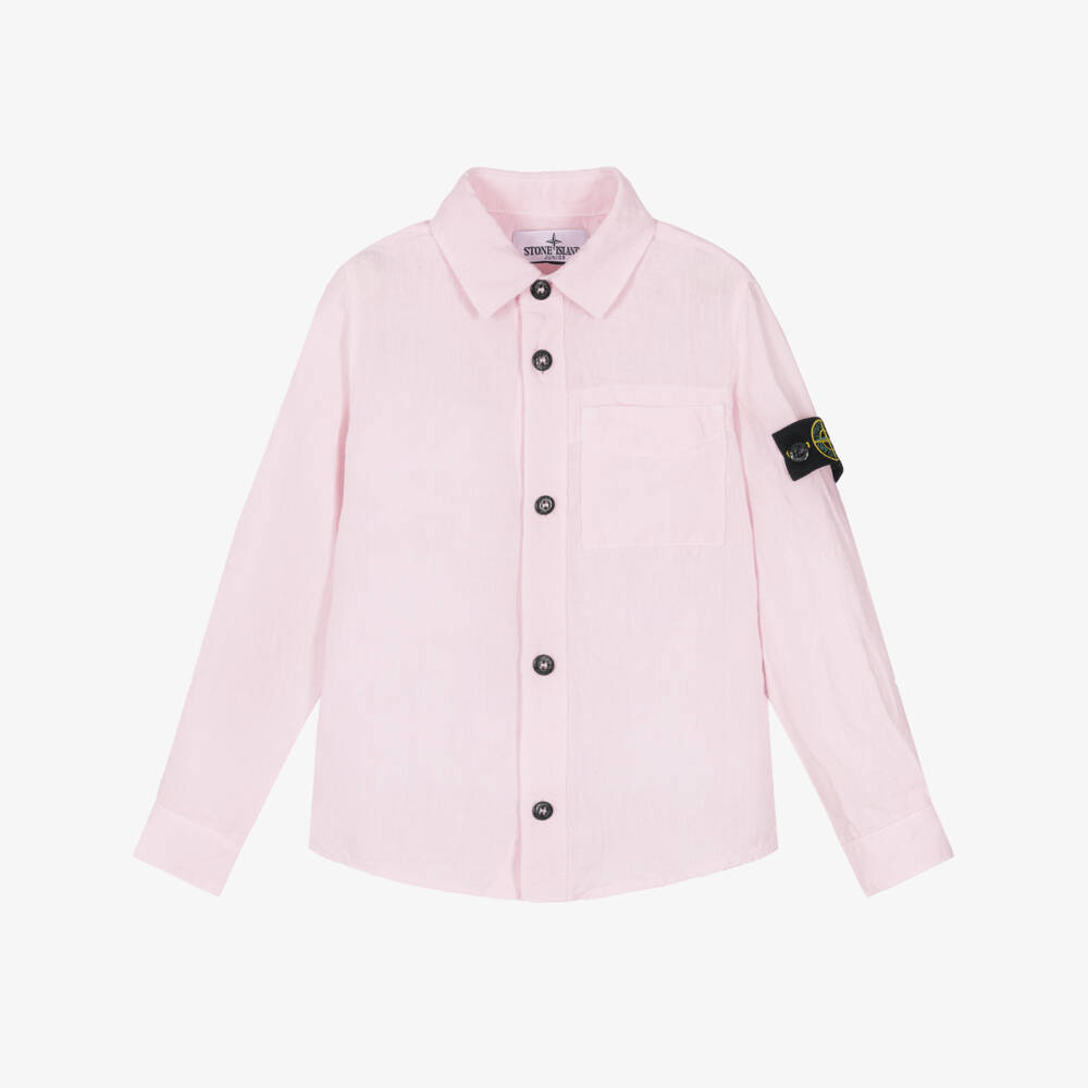 Stone Island Junior-Boys Pale Pink Linen Shirt with Logo Badge | Childrensalon Outlet