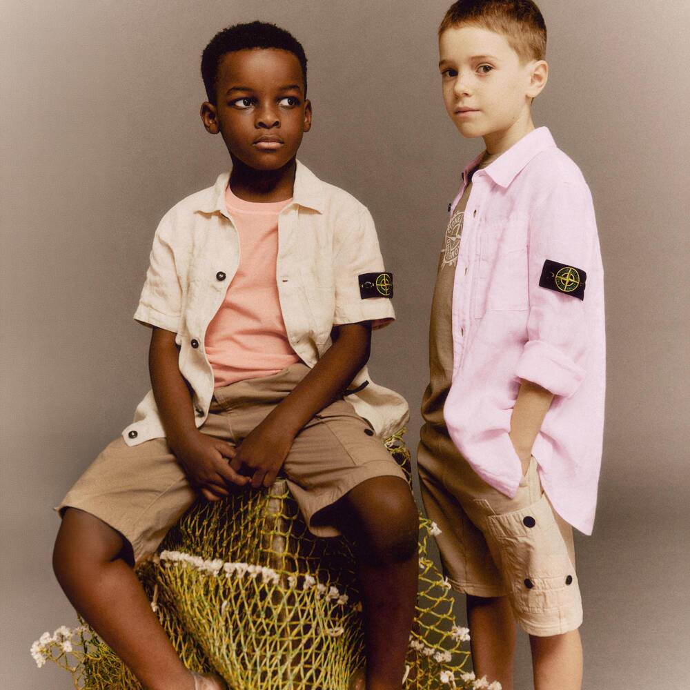 Stone Island Junior-Boys Pale Pink Linen Shirt with Logo Badge | Childrensalon Outlet