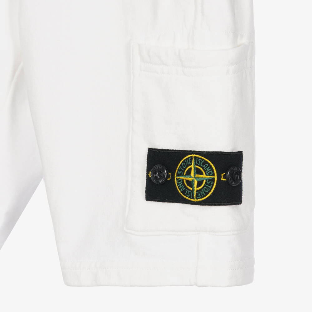 Stone Island Junior-Boys White Cotton Jersey Shorts with Logo Badge | Childrensalon Outlet