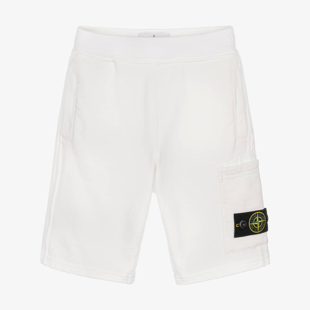 Stone Island Junior-Boys White Cotton Jersey Shorts with Logo Badge | Childrensalon Outlet