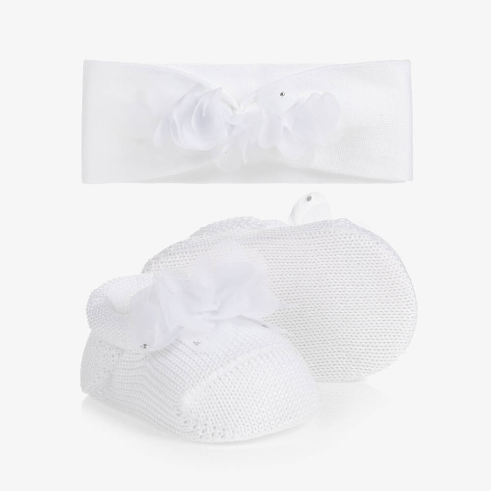 Story Loris-Baby Girls White Headband & Booties Gift Set | Childrensalon Outlet