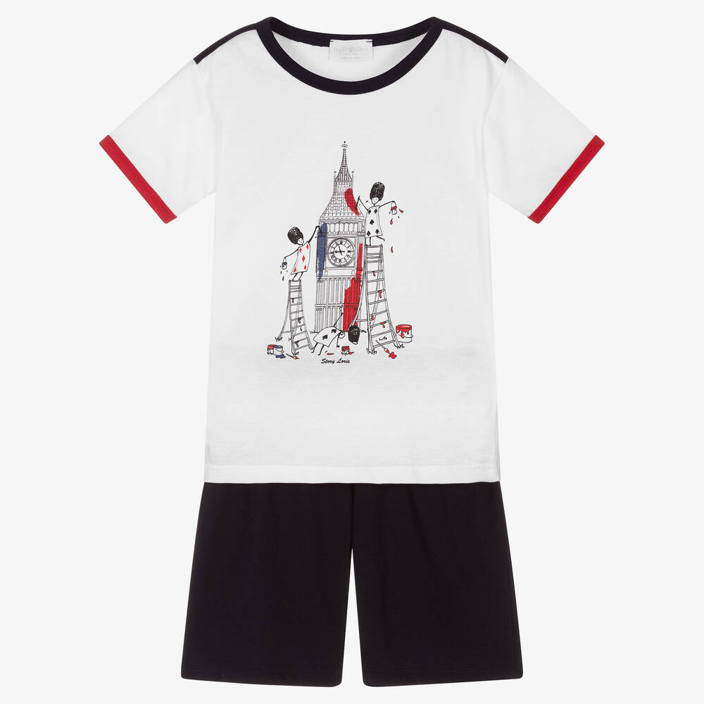 Story Loris-Boys Blue & White Cotton Short Pyjamas | Childrensalon Outlet