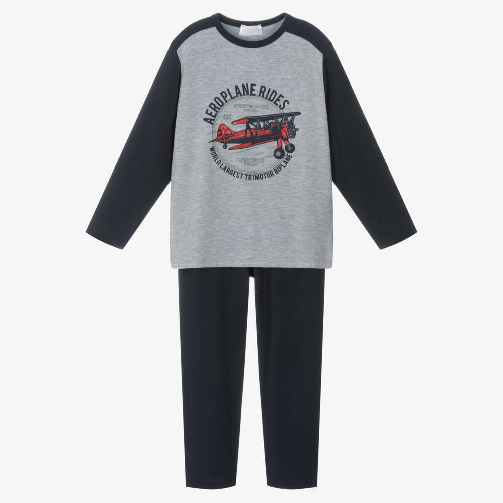 Story Loris-Boys Grey Aeroplane Jersey Pyjamas | Childrensalon Outlet