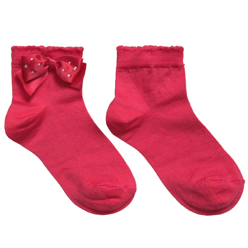 Story Loris - Girls Dark Pink Socks with Diamanté Bow | Childrensalon