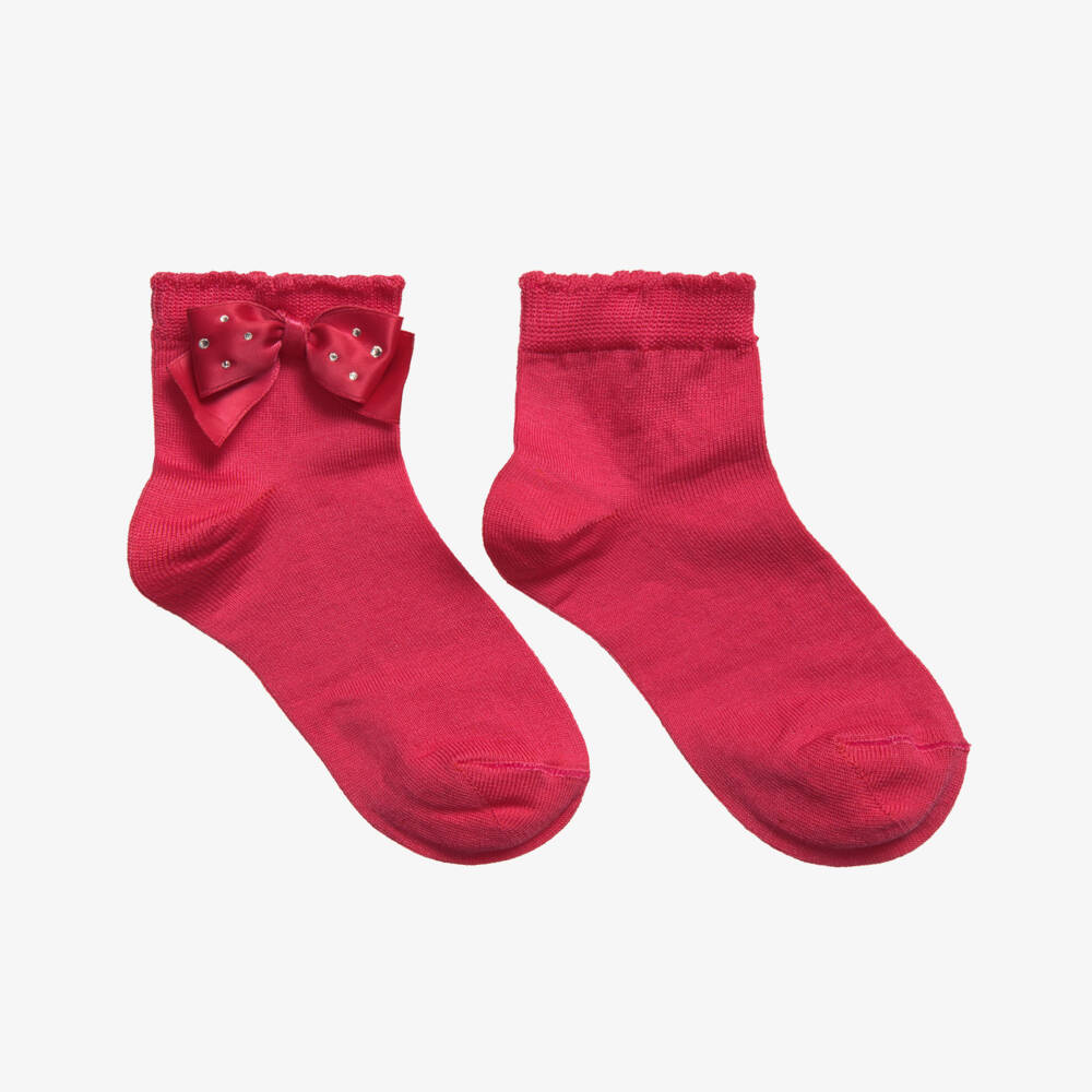 Story Loris-Girls Dark Pink Socks with Diamanté Bow | Childrensalon Outlet