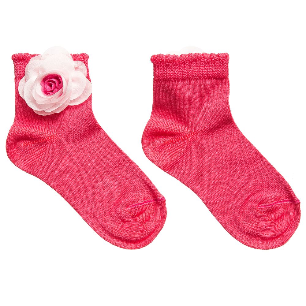 Story Loris - Girls Dark Pink Socks with Floral Appliqué | Childrensalon