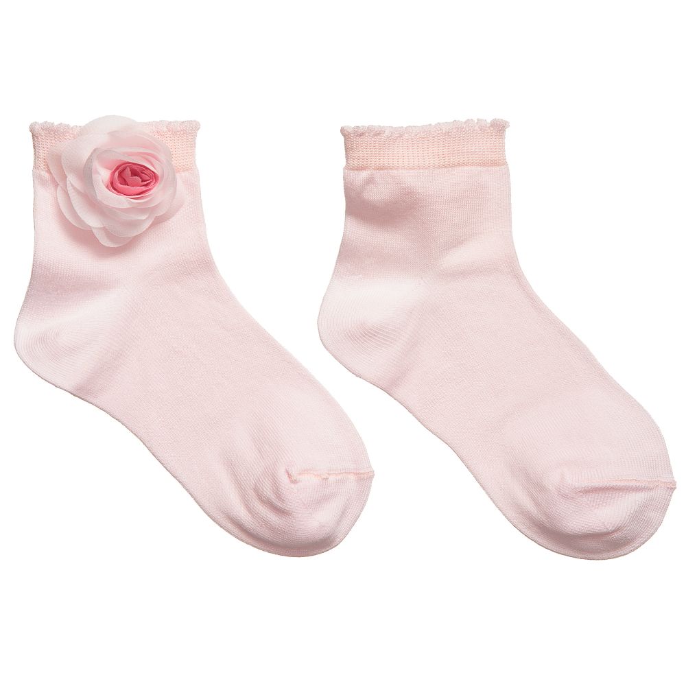 Story Loris - Girls Pale Pink Socks with Floral Appliqué | Childrensalon