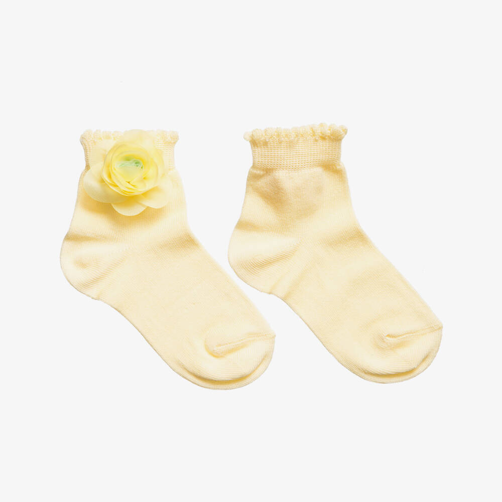 Story Loris-Girls Pale Yellow Socks with Floral Appliqué | Childrensalon Outlet