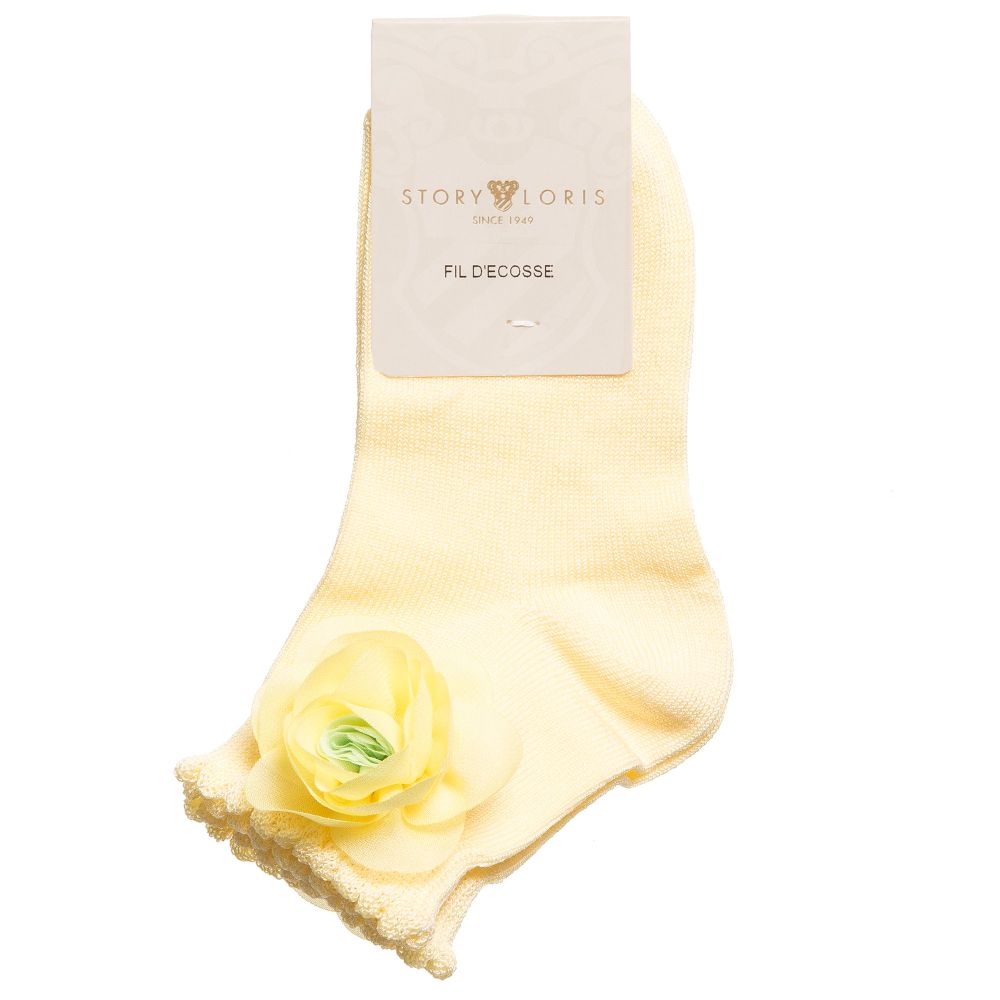 Story Loris-Girls Pale Yellow Socks with Floral Appliqué | Childrensalon Outlet