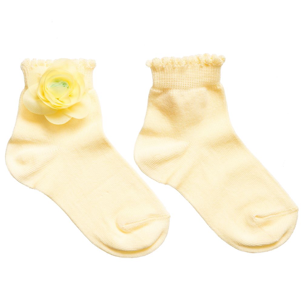 Story Loris - Girls Pale Yellow Socks with Floral Appliqué | Childrensalon