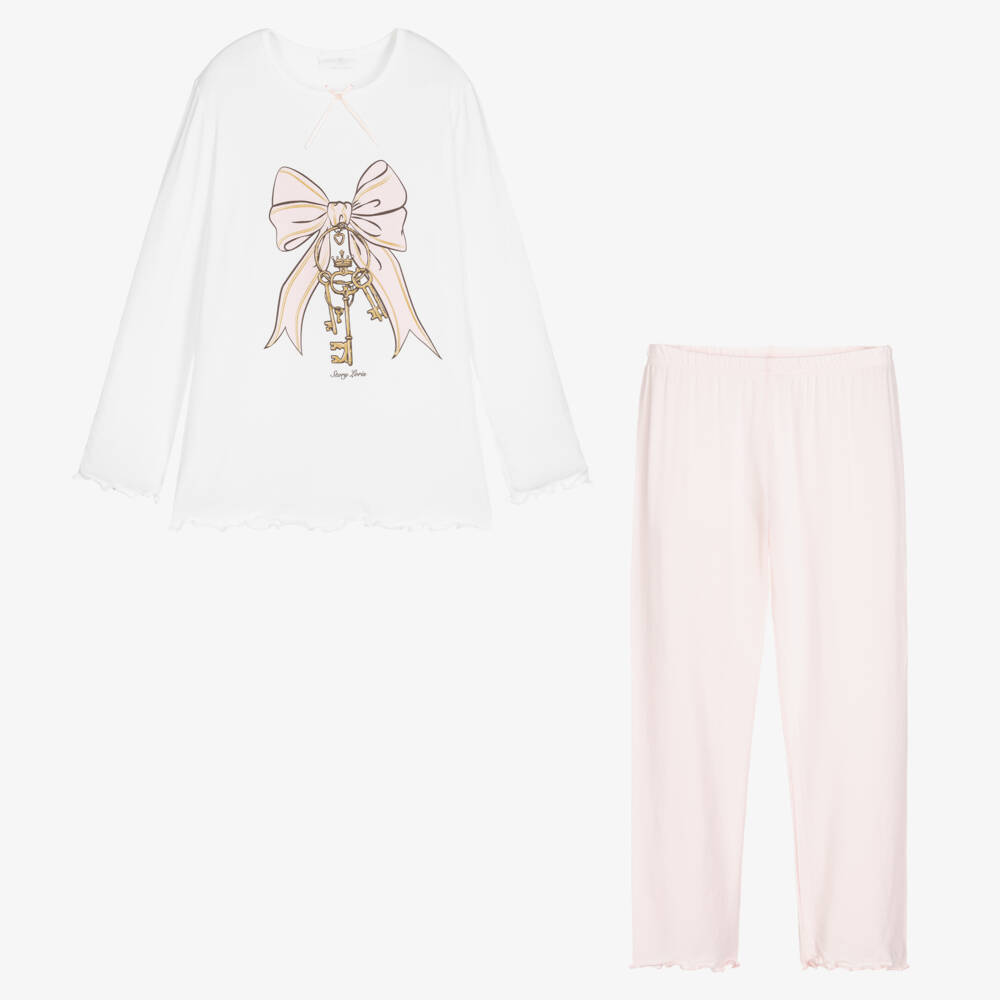 Story Loris-Girls Pink and White Bow Nightwear | Childrensalon Outlet