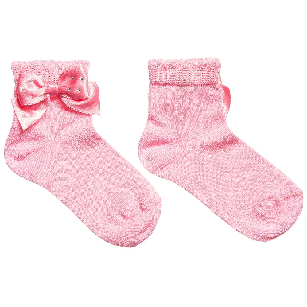 Story Loris - Girls Pink Socks with Diamanté Bow | Childrensalon