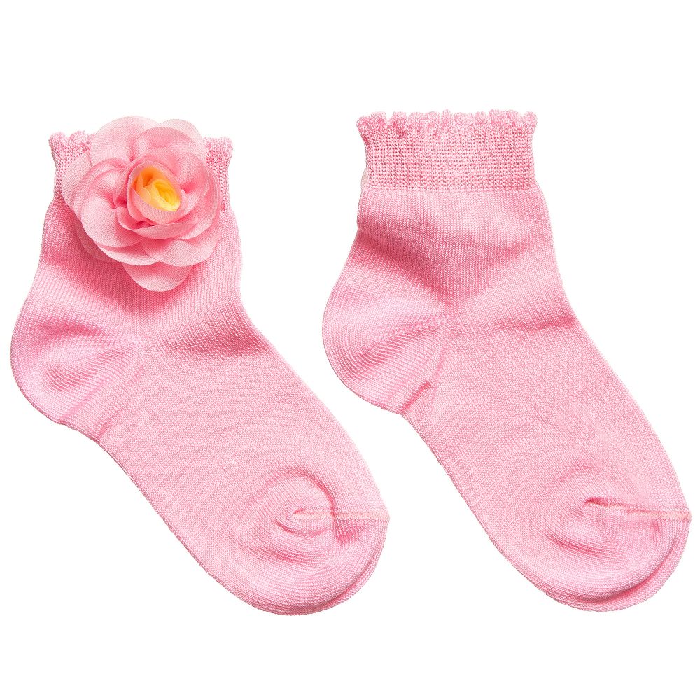 Story Loris - Girls Pink Socks with Floral Appliqué | Childrensalon