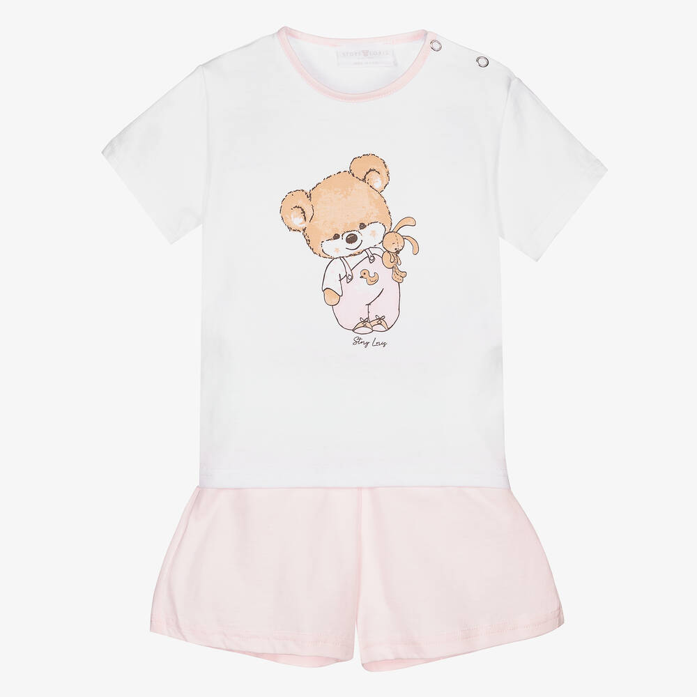 Story Loris Pyjama short rose et blanc en coton fille Childrensalon Outlet