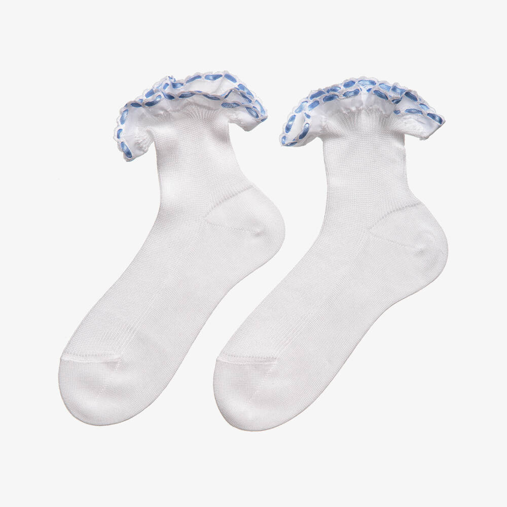 Story Loris-Girls White Cotton Socks with Blue Ribbon | Childrensalon Outlet