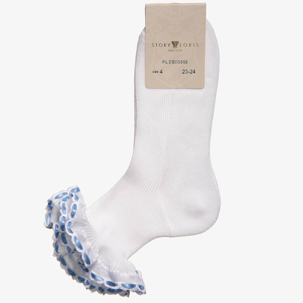 Story Loris-Girls White Cotton Socks with Blue Ribbon | Childrensalon Outlet
