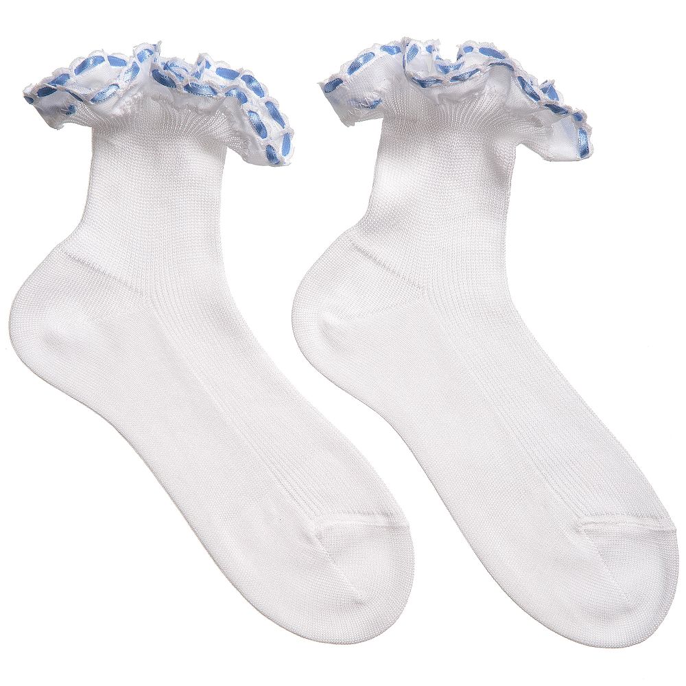 Story Loris - Girls White Cotton Socks with Blue Ribbon  | Childrensalon